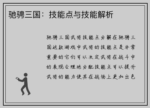 驰骋三国：技能点与技能解析
